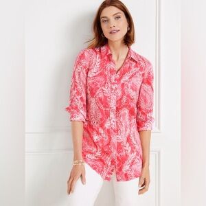 Talbots Size M Boyfriend Linen Long Sleeve Peachy Pink Brushed Paisley Shirt